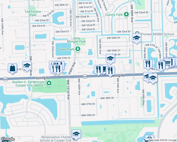 map of restaurants, bars, coffee shops, grocery stores, and more near 9784 Southwest 59th Street in Cooper City