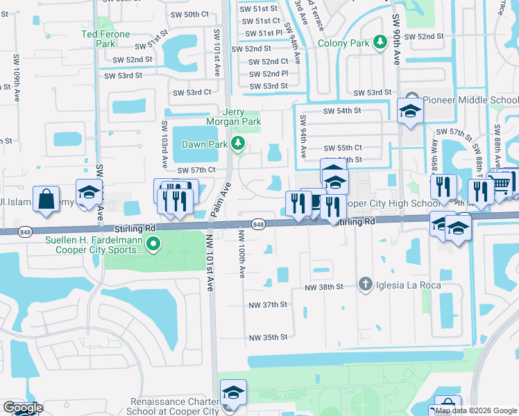 map of restaurants, bars, coffee shops, grocery stores, and more near 9900 Southwest 59th Court in Cooper City
