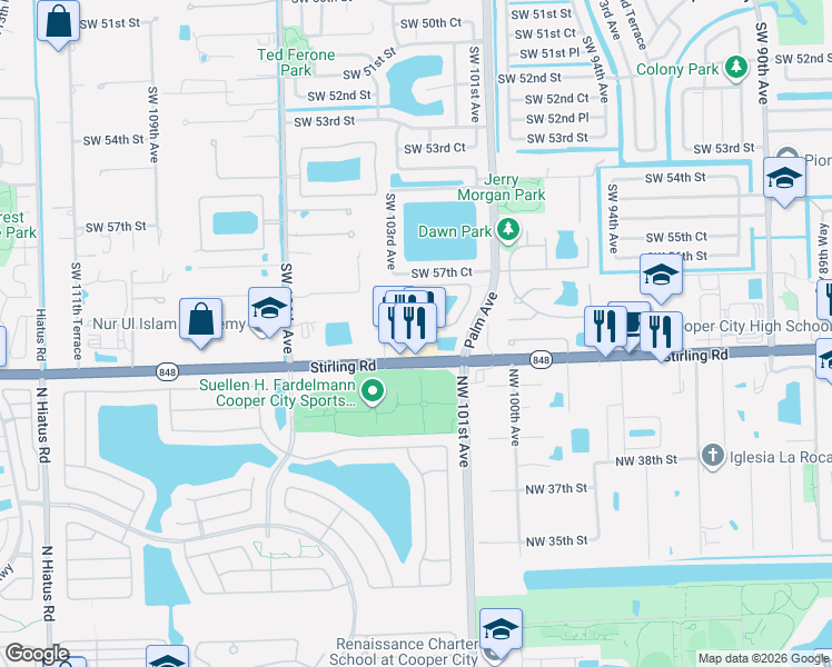 map of restaurants, bars, coffee shops, grocery stores, and more near 10253 Southwest 59th Street in Cooper City