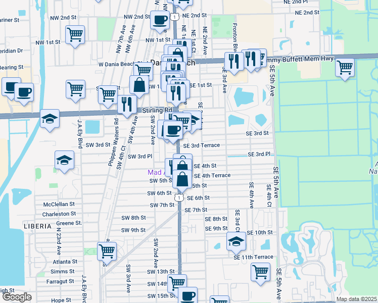 map of restaurants, bars, coffee shops, grocery stores, and more near 34 Southeast 3rd Terrace in Dania Beach