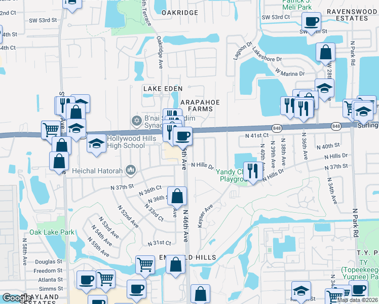 map of restaurants, bars, coffee shops, grocery stores, and more near 4000 North 45th Avenue in Hollywood