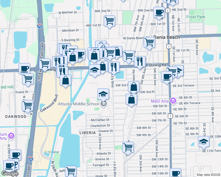map of restaurants, bars, coffee shops, grocery stores, and more near 2216 Evans Street in Hollywood