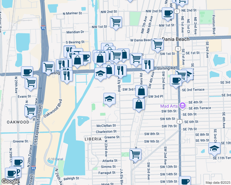 map of restaurants, bars, coffee shops, grocery stores, and more near 2216 Evans Street in Hollywood