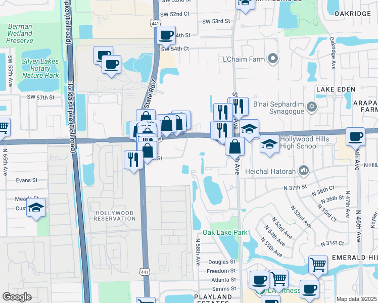map of restaurants, bars, coffee shops, grocery stores, and more near 4231 North 58th Avenue in Hollywood