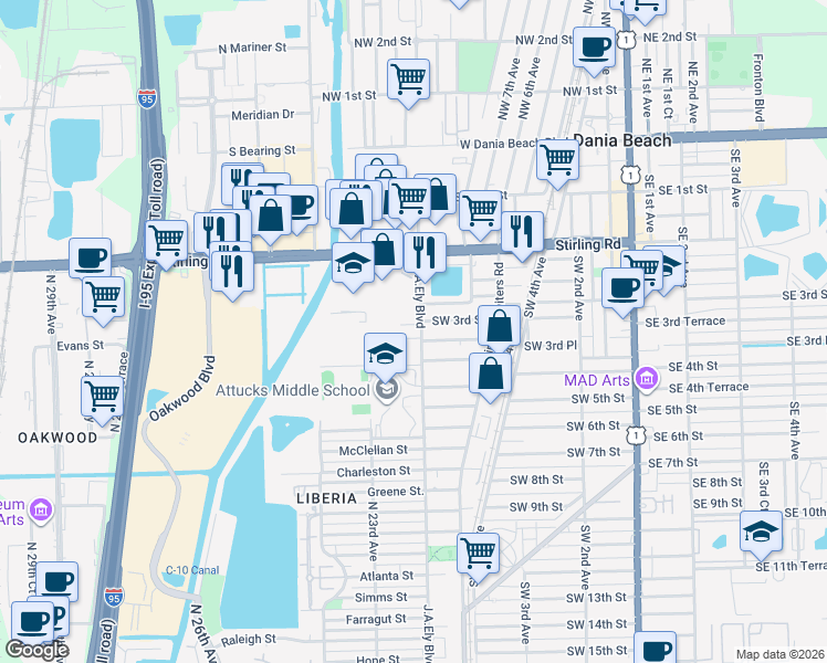 map of restaurants, bars, coffee shops, grocery stores, and more near 2216 Evans Street in Hollywood
