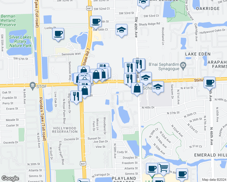 map of restaurants, bars, coffee shops, grocery stores, and more near 4100 North 58th Avenue in Hollywood