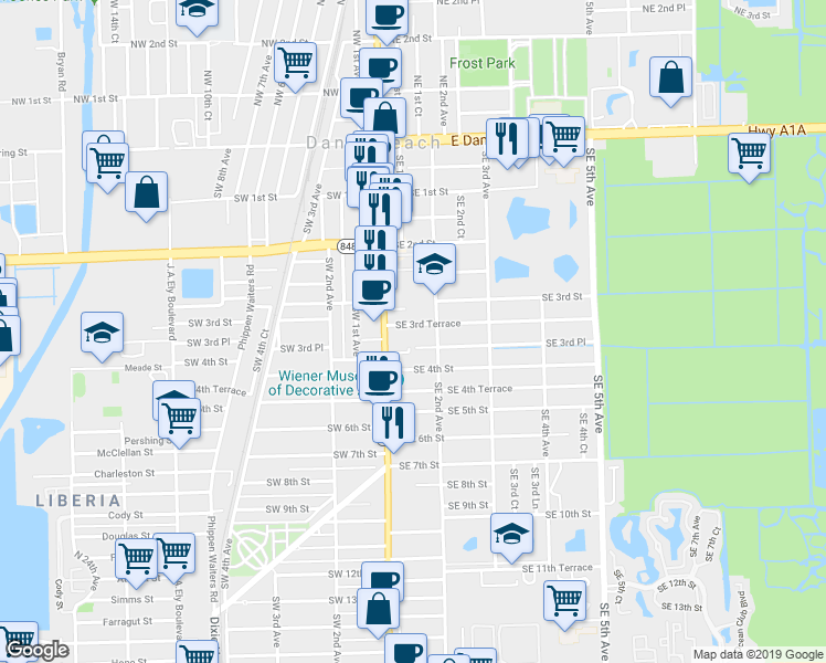map of restaurants, bars, coffee shops, grocery stores, and more near 34 Southeast 3rd Terrace in Dania Beach