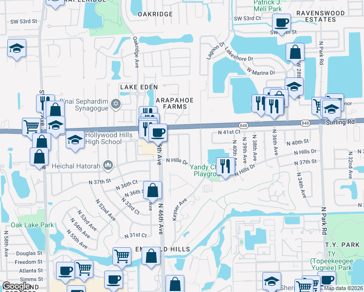 map of restaurants, bars, coffee shops, grocery stores, and more near 4081 North 44th Avenue in Hollywood