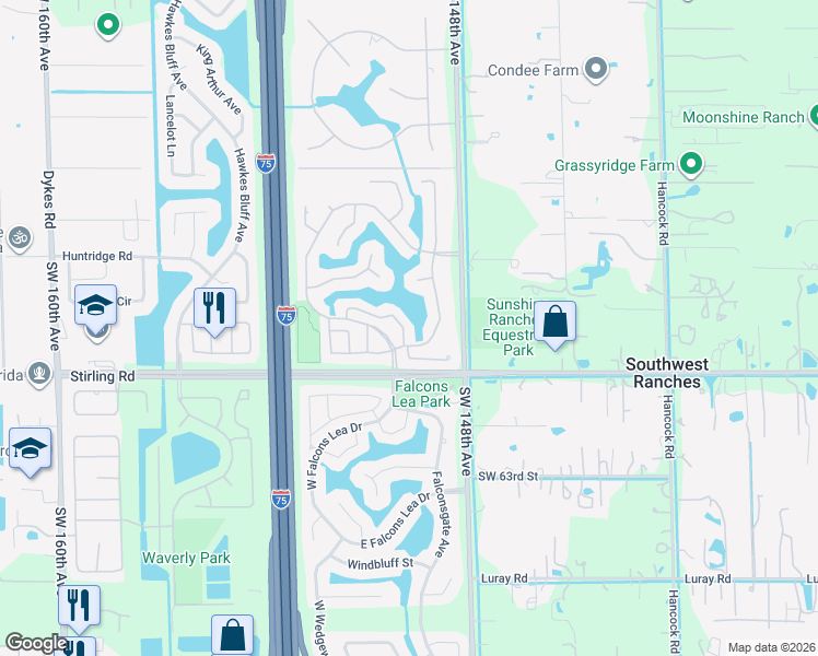 map of restaurants, bars, coffee shops, grocery stores, and more near 15001 Brighton Lane in Davie