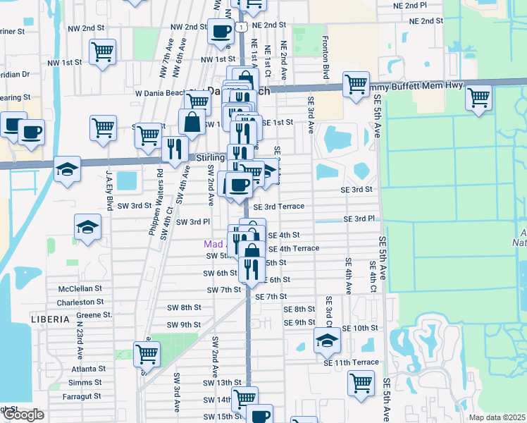 map of restaurants, bars, coffee shops, grocery stores, and more near 34 Southeast 3rd Terrace in Dania Beach