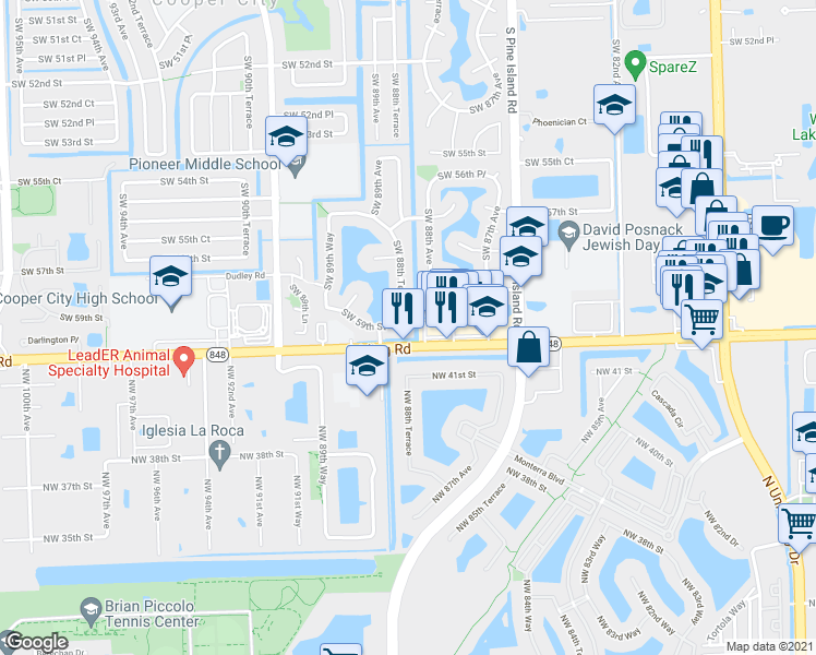 map of restaurants, bars, coffee shops, grocery stores, and more near 5862 Southwest 88th Terrace in Cooper City