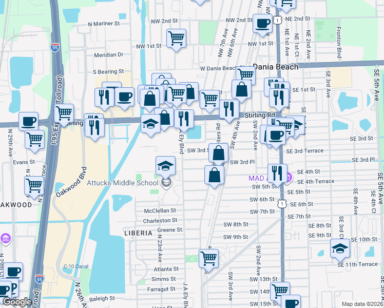 map of restaurants, bars, coffee shops, grocery stores, and more near 749 Southwest 3rd Street in Dania Beach