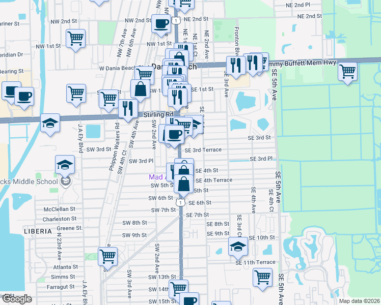 map of restaurants, bars, coffee shops, grocery stores, and more near 34 Southeast 3rd Terrace in Dania Beach