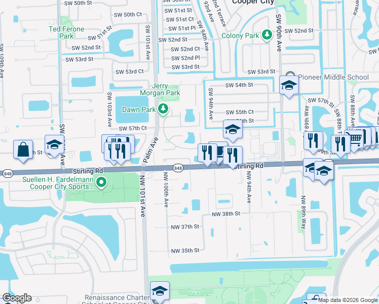 map of restaurants, bars, coffee shops, grocery stores, and more near 9784 Southwest 59th Street in Cooper City