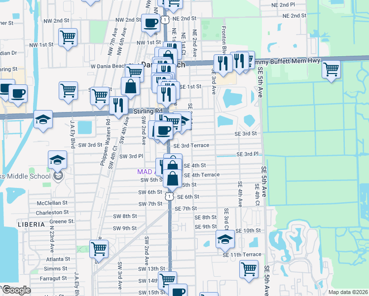 map of restaurants, bars, coffee shops, grocery stores, and more near 34 Southeast 3rd Terrace in Dania Beach