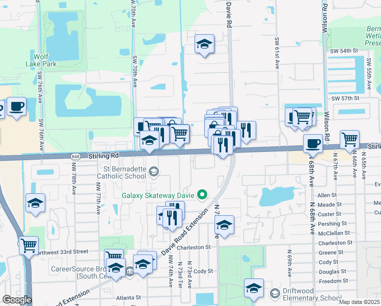 map of restaurants, bars, coffee shops, grocery stores, and more near 7280 Stirling Road in Hollywood