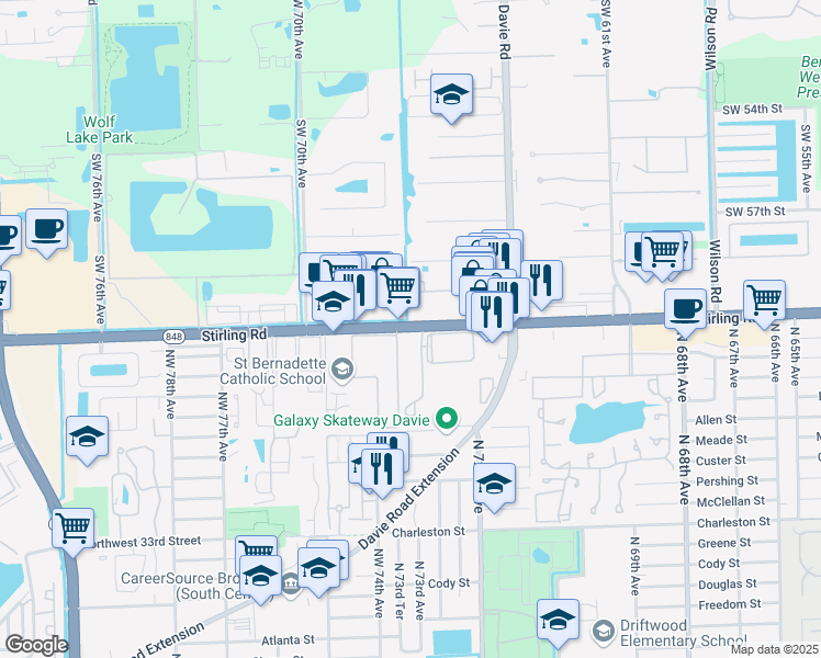 map of restaurants, bars, coffee shops, grocery stores, and more near 7280 Stirling Road in Hollywood