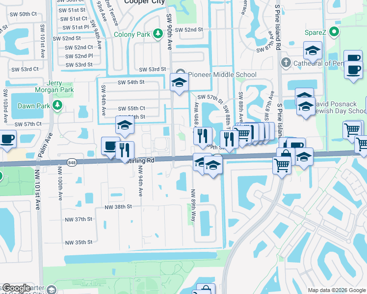 map of restaurants, bars, coffee shops, grocery stores, and more near 5856 Southwest 89th Lane in Cooper City