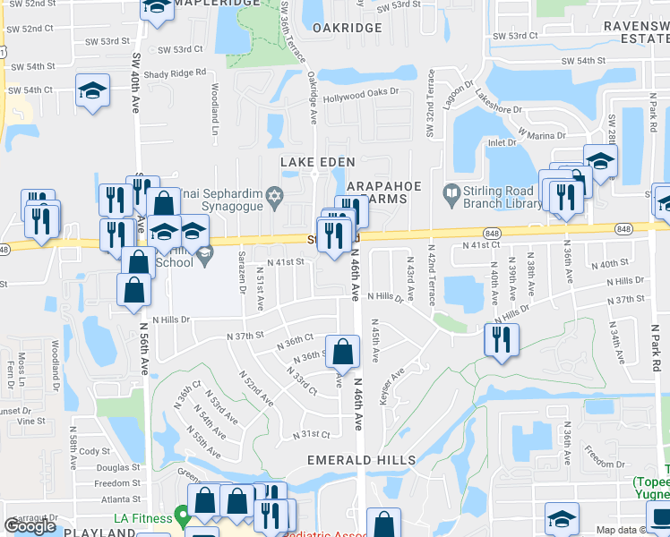 map of restaurants, bars, coffee shops, grocery stores, and more near 3900 North 46th Avenue in Hollywood