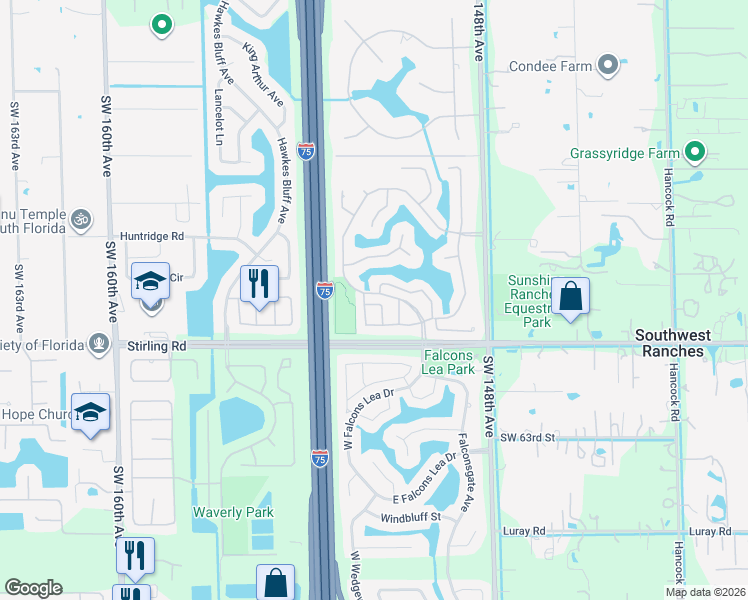 map of restaurants, bars, coffee shops, grocery stores, and more near 15151 Leeds Lane in Davie