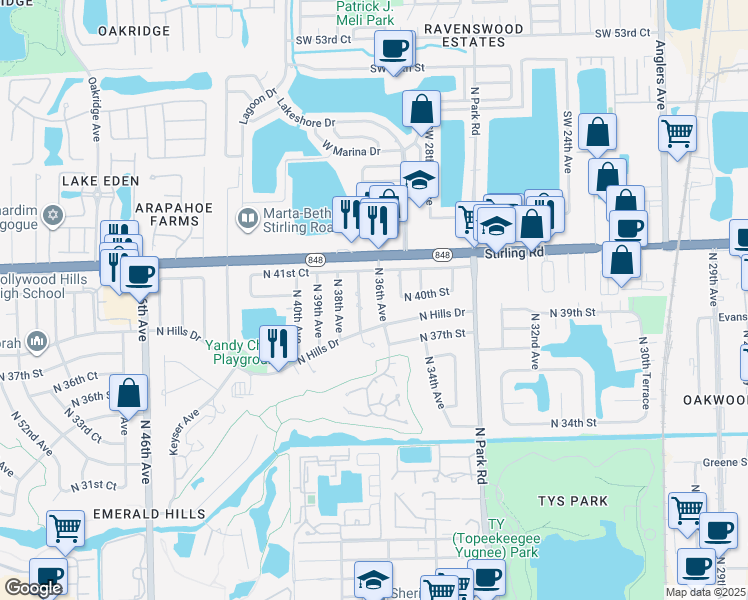 map of restaurants, bars, coffee shops, grocery stores, and more near 4000 North 36th Avenue in Hollywood