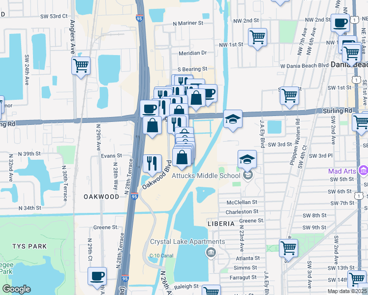 map of restaurants, bars, coffee shops, grocery stores, and more near 3921 Oakwood Boulevard in Hollywood
