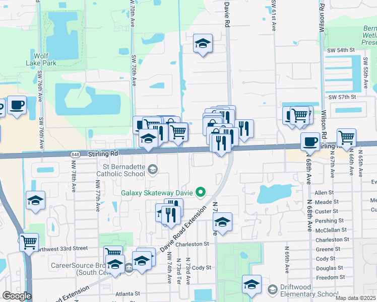 map of restaurants, bars, coffee shops, grocery stores, and more near 7280 Stirling Road in Hollywood