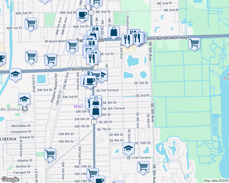 map of restaurants, bars, coffee shops, grocery stores, and more near 216 Southeast 3rd Terrace in Dania Beach