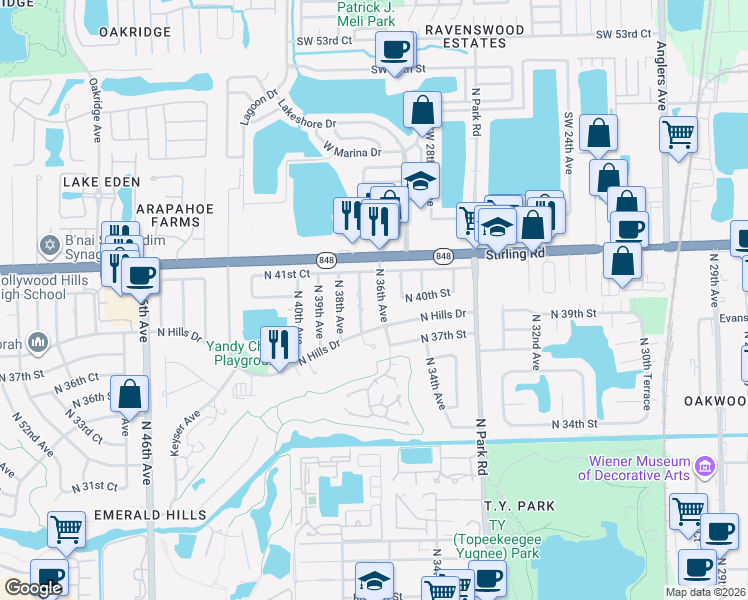 map of restaurants, bars, coffee shops, grocery stores, and more near 4000 North 36th Avenue in Hollywood