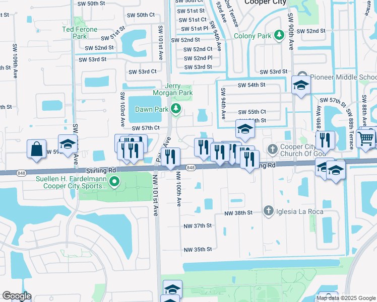 map of restaurants, bars, coffee shops, grocery stores, and more near 9900 Southwest 59th Court in Cooper City