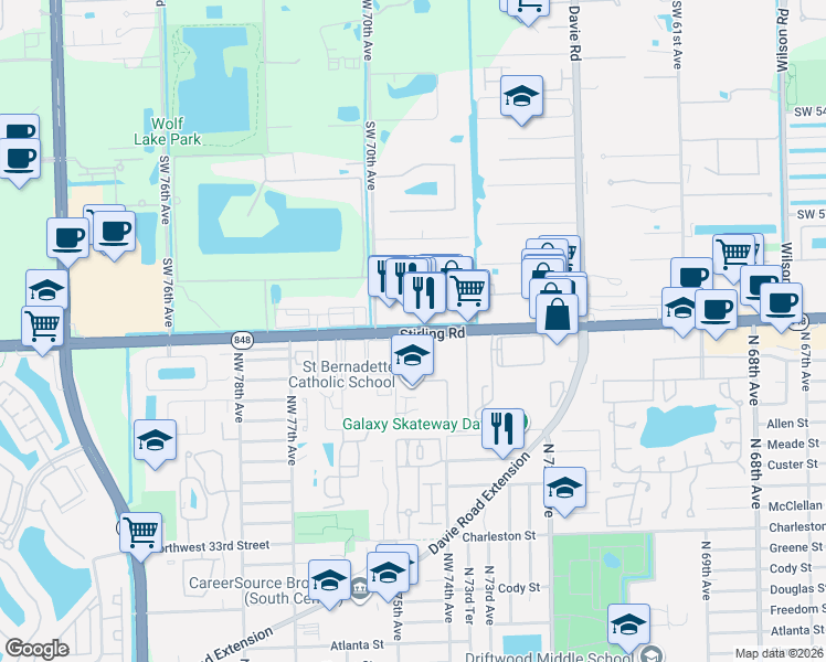 map of restaurants, bars, coffee shops, grocery stores, and more near 7015 Stirling Road in Davie