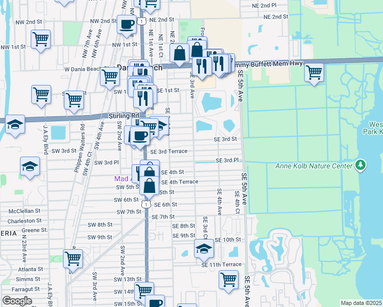 map of restaurants, bars, coffee shops, grocery stores, and more near 238 Southeast 3rd Terrace in Dania Beach