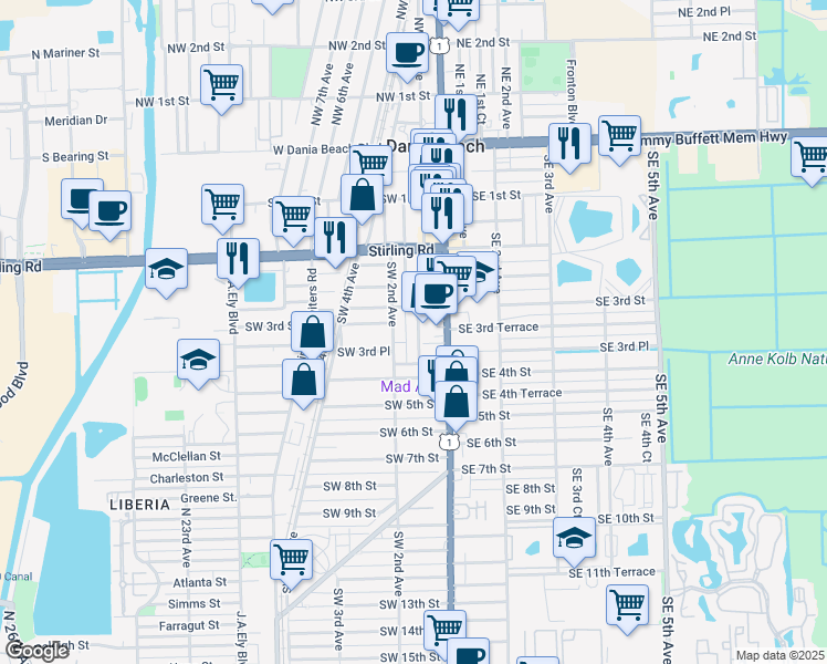 map of restaurants, bars, coffee shops, grocery stores, and more near 326 Southwest 1st Avenue in Dania Beach