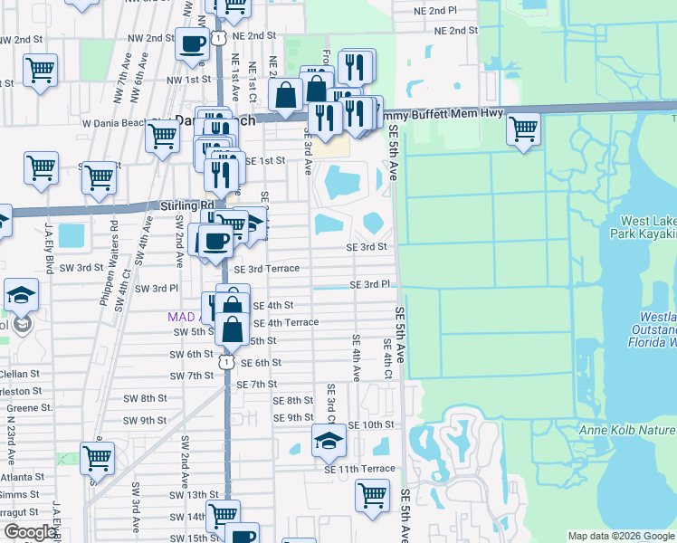 map of restaurants, bars, coffee shops, grocery stores, and more near 338 Southeast 3rd Terrace in Dania Beach