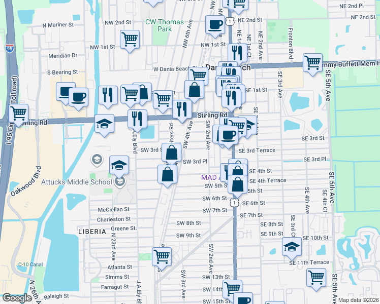 map of restaurants, bars, coffee shops, grocery stores, and more near 217 Southwest 3rd Terrace in Dania Beach