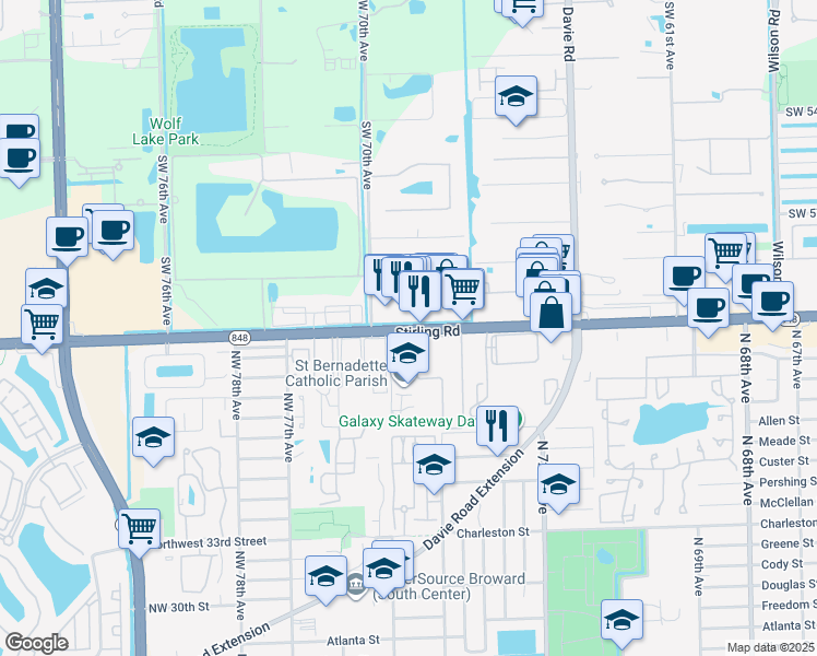 map of restaurants, bars, coffee shops, grocery stores, and more near 7015 Stirling Road in Davie