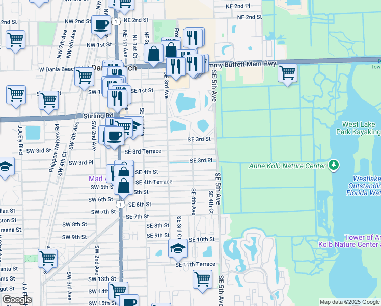 map of restaurants, bars, coffee shops, grocery stores, and more near 338 Southeast 3rd Terrace in Dania Beach