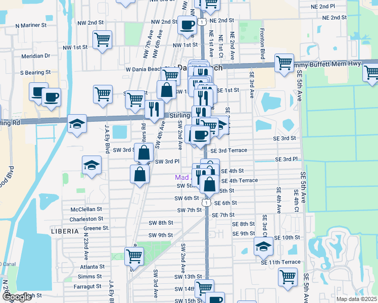 map of restaurants, bars, coffee shops, grocery stores, and more near 326 Southwest 1st Avenue in Dania Beach