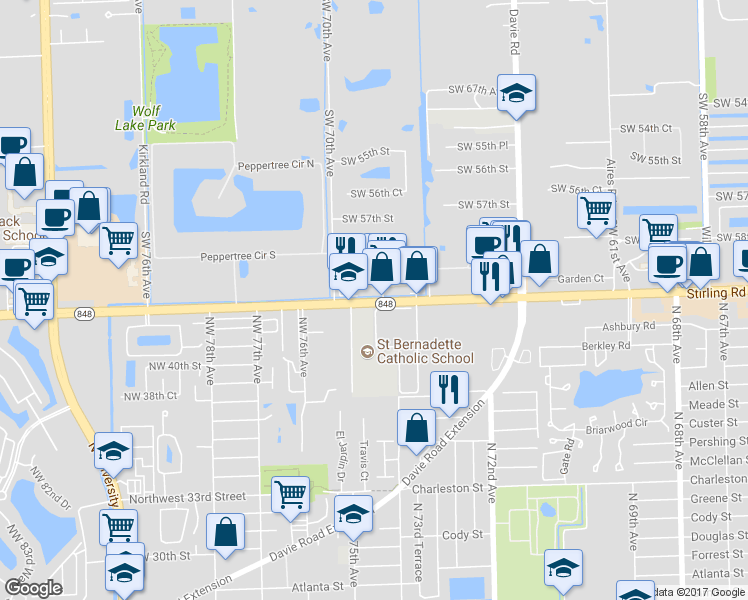 map of restaurants, bars, coffee shops, grocery stores, and more near 6991 Stirling Road in Davie