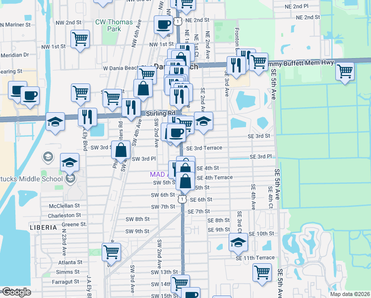 map of restaurants, bars, coffee shops, grocery stores, and more near 265 South Federal Highway in Dania Beach