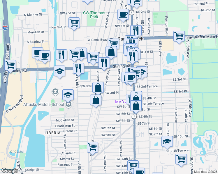map of restaurants, bars, coffee shops, grocery stores, and more near 217 Southwest 3rd Terrace in Dania Beach