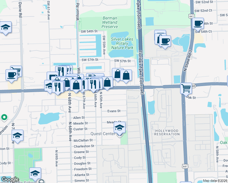map of restaurants, bars, coffee shops, grocery stores, and more near 5450 Stirling Road in Davie