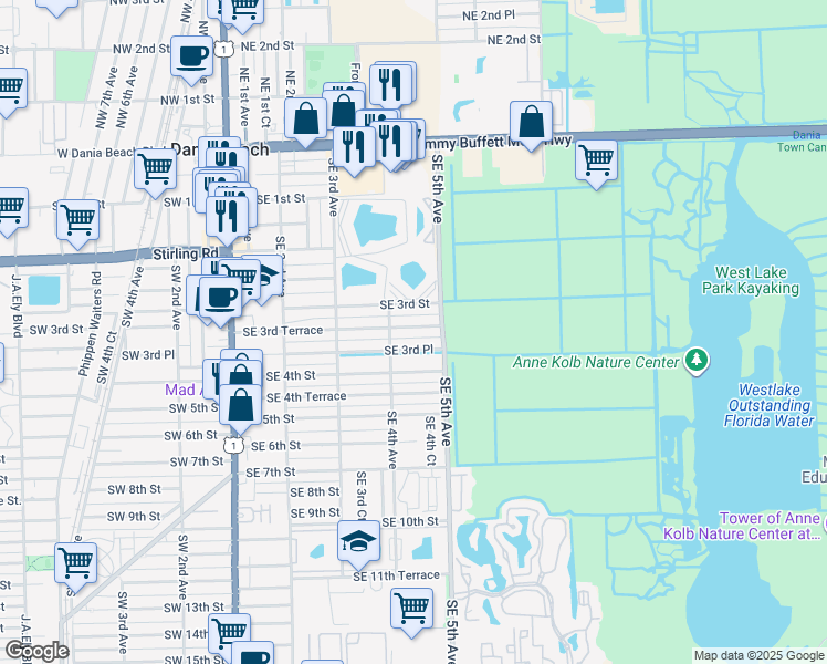 map of restaurants, bars, coffee shops, grocery stores, and more near 426 Southeast 3rd Terrace in Dania Beach