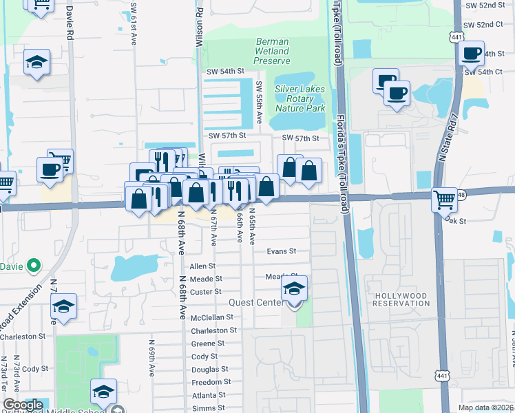 map of restaurants, bars, coffee shops, grocery stores, and more near 6490 Stirling Road in Hollywood