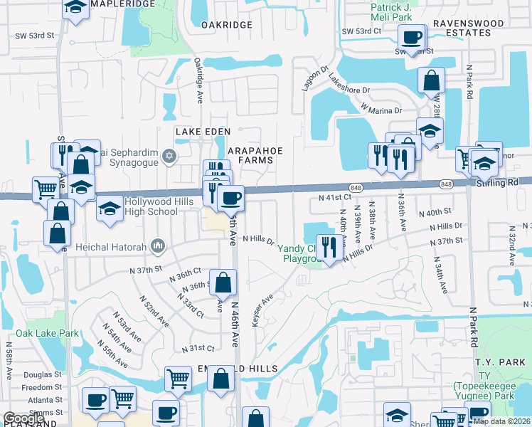 map of restaurants, bars, coffee shops, grocery stores, and more near 4081 North 44th Avenue in Hollywood