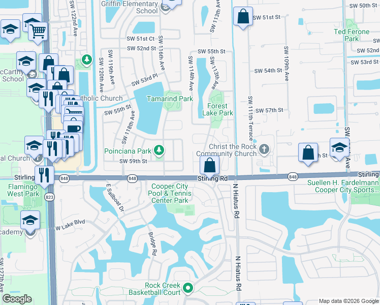 map of restaurants, bars, coffee shops, grocery stores, and more near 5917 Southwest 114th Avenue in Cooper City