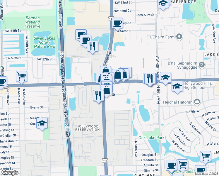 map of restaurants, bars, coffee shops, grocery stores, and more near 5900 Stirling Road in Hollywood