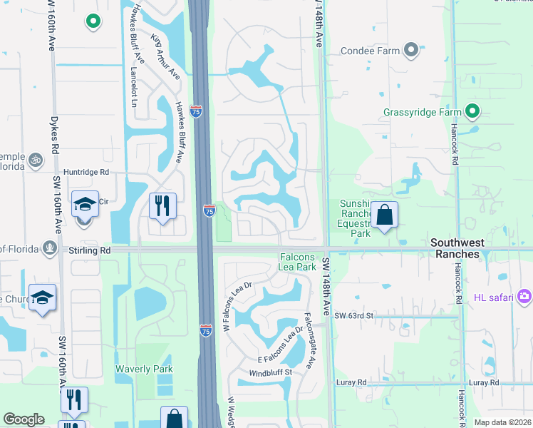 map of restaurants, bars, coffee shops, grocery stores, and more near 15061 South Waterford Drive in Davie