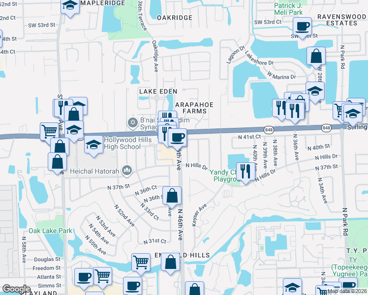 map of restaurants, bars, coffee shops, grocery stores, and more near 4000 North 45th Avenue in Hollywood