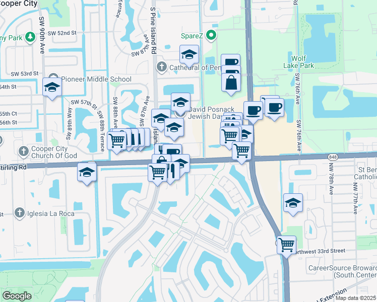 map of restaurants, bars, coffee shops, grocery stores, and more near 8201 Stirling Road in Davie